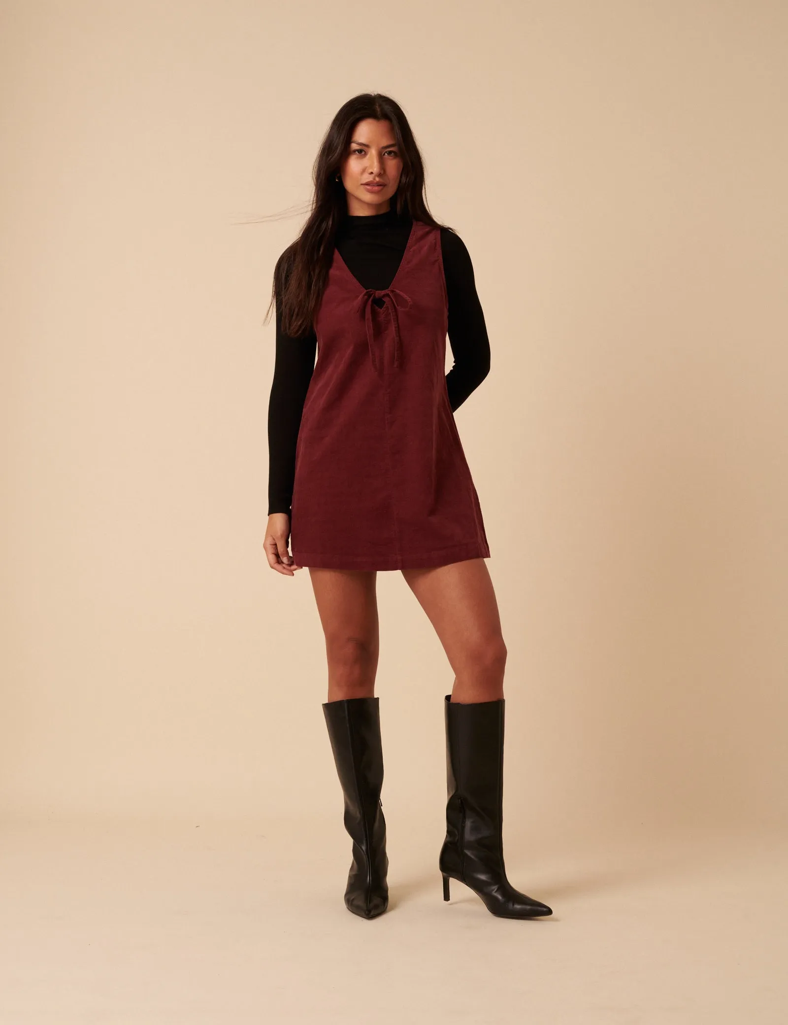 Petite Burgundy Nila Pinafore Mini Dress sold by Nobody's Child