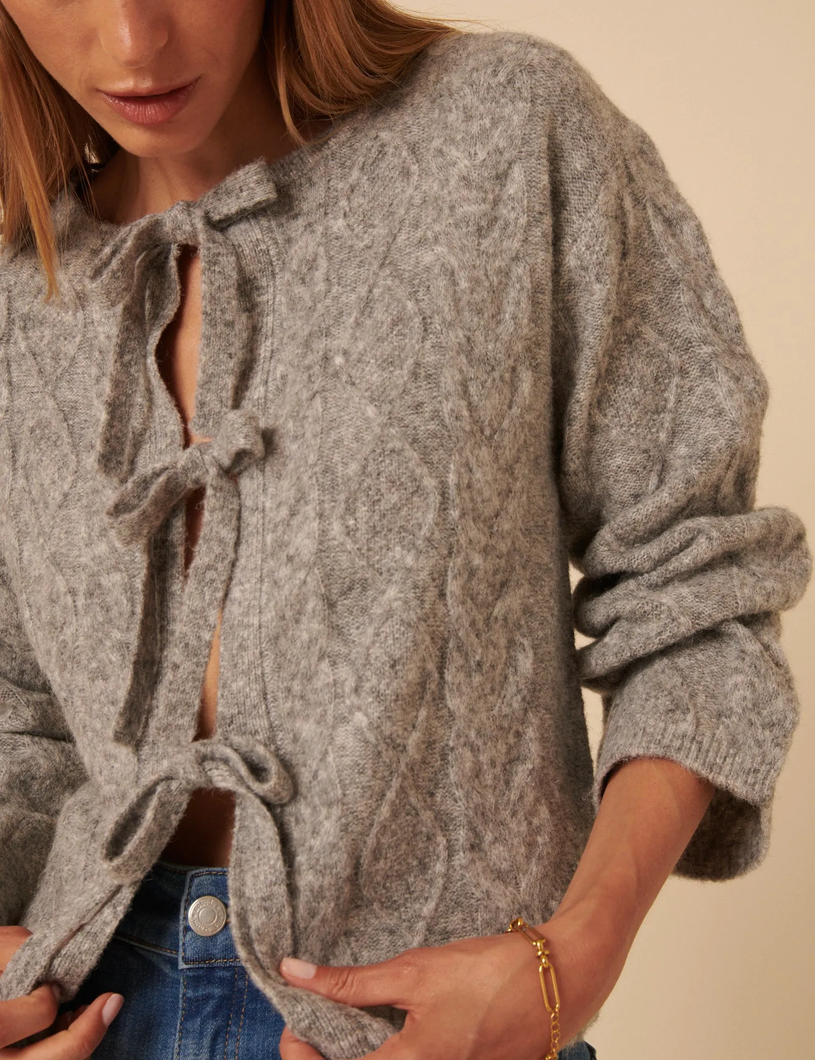 Grey Tie Front Cable Knitted Cardigan sold by Nobody's Child product image thumbnail 4
