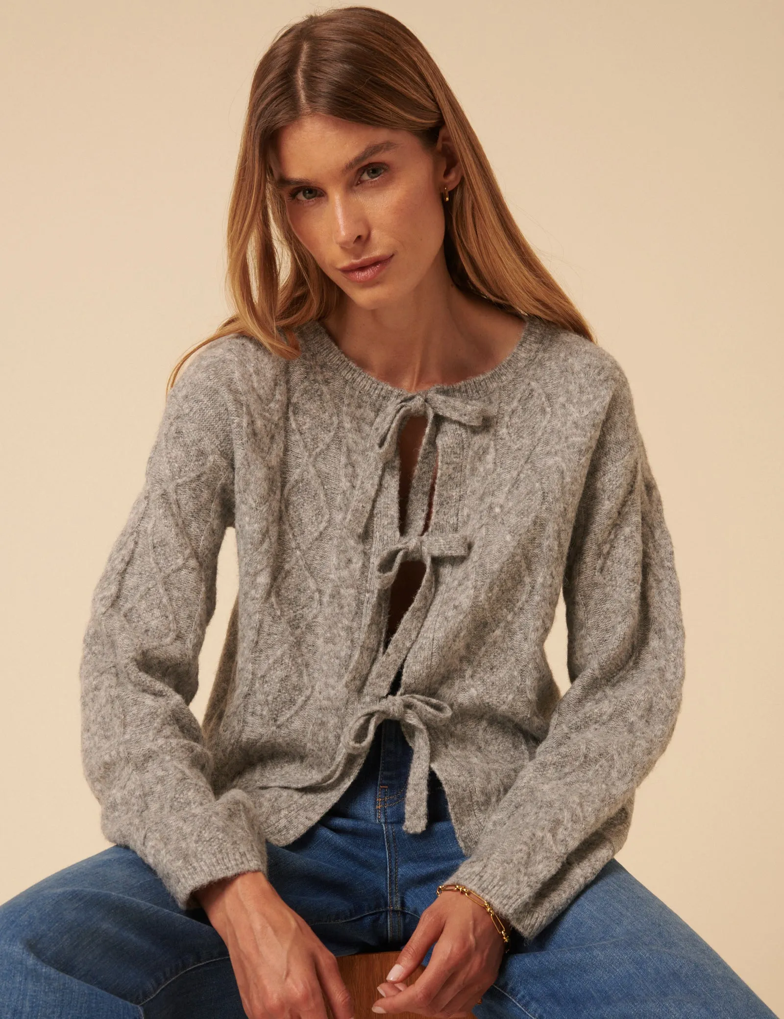 Grey Tie Front Cable Knitted Cardigan sold by Nobody's Child product image thumbnail 3