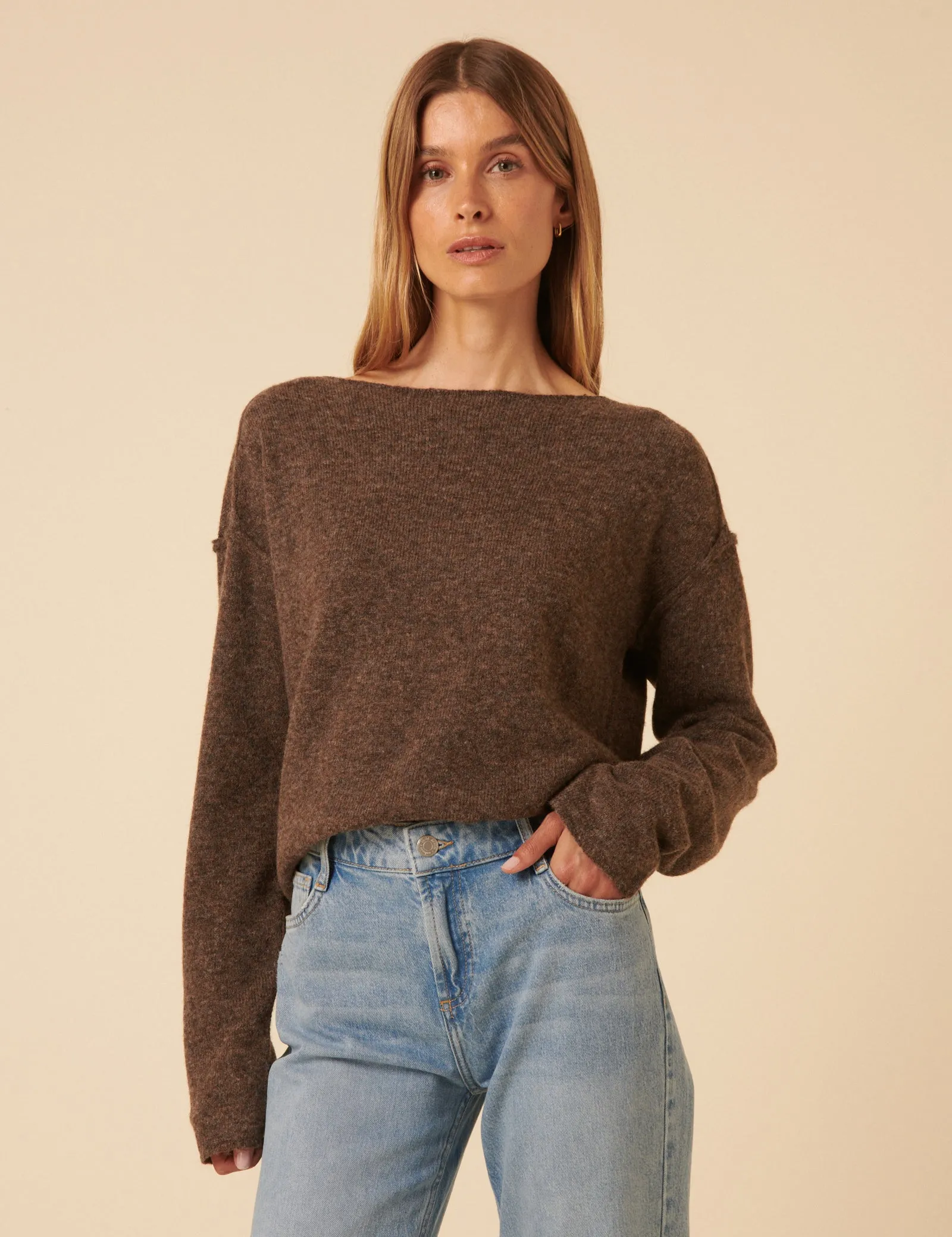 Brown Slash Neck Knitted Jumper sold by Nobody's Child