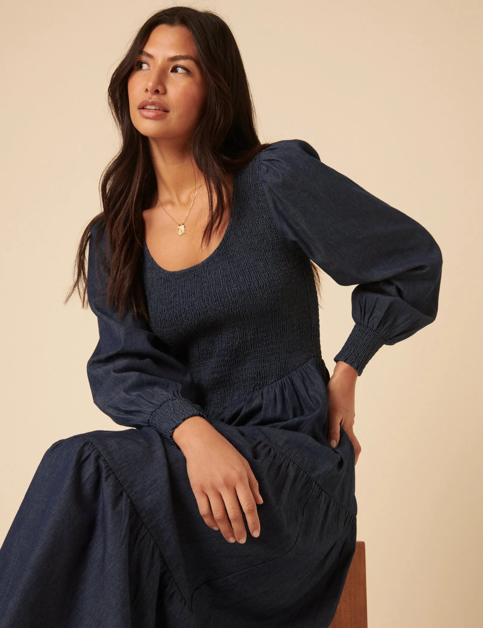 Dark Blue Denim Shirred Tiered Lilly Midi Dress sold by Nobody's Child product image thumbnail 3