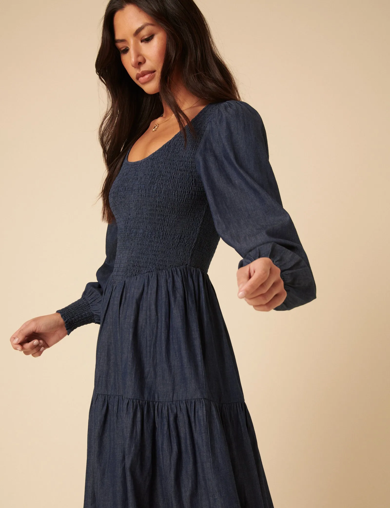 Dark Blue Denim Shirred Tiered Lilly Midi Dress sold by Nobody's Child product image thumbnail 2