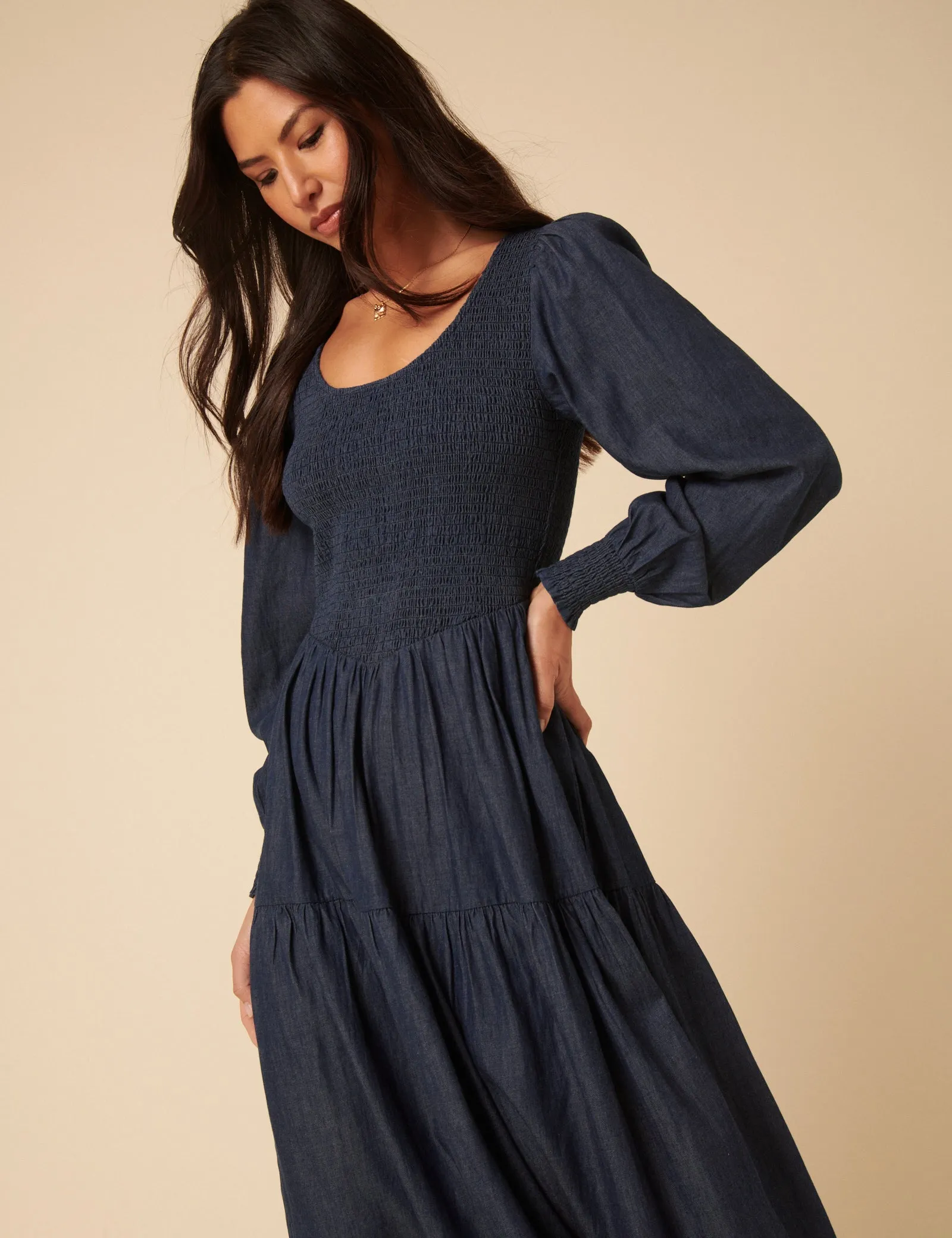 Dark Blue Denim Shirred Tiered Lilly Midi Dress sold by Nobody's Child product image thumbnail 4