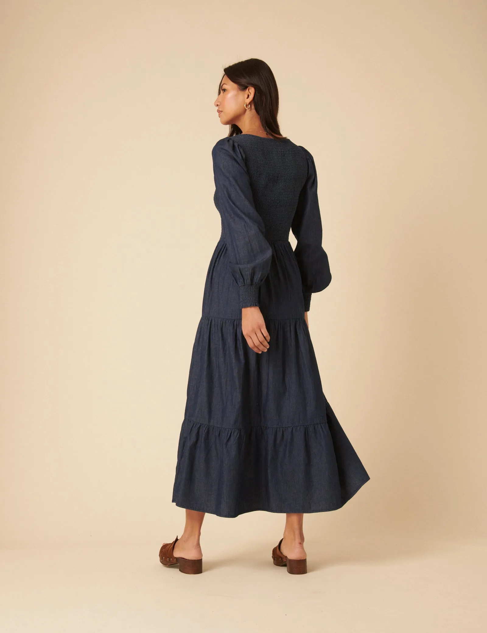 Dark Blue Denim Shirred Tiered Lilly Midi Dress sold by Nobody's Child product image thumbnail 5