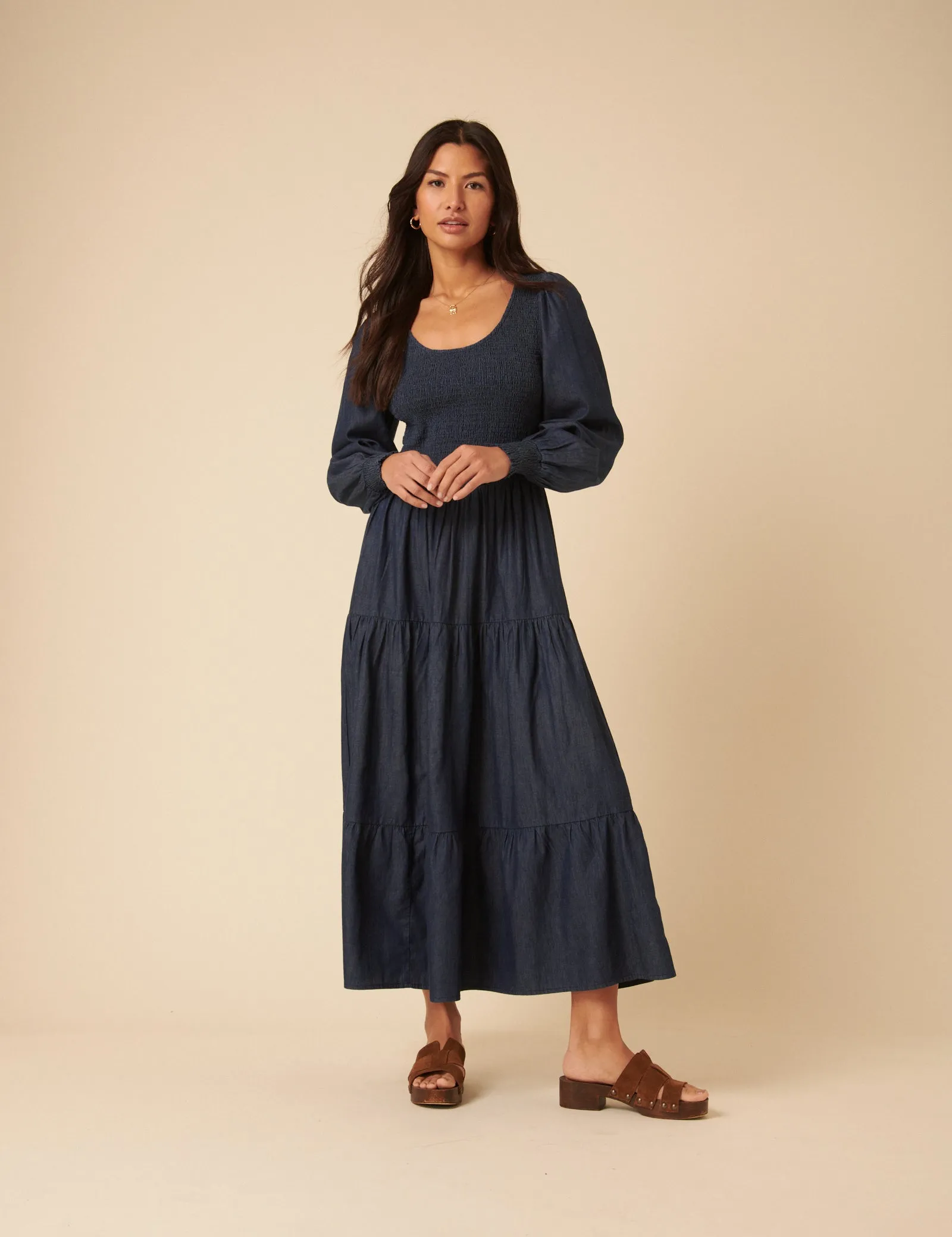 Dark Blue Denim Shirred Tiered Lilly Midi Dress sold by Nobody's Child