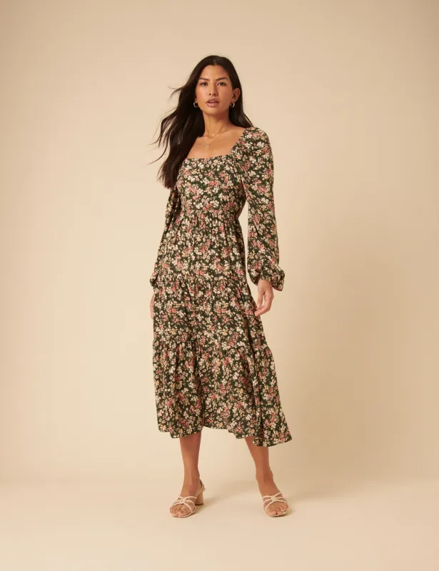 Black Floral Long Sleeve Maud Midi Dress sold by Nobody's Child