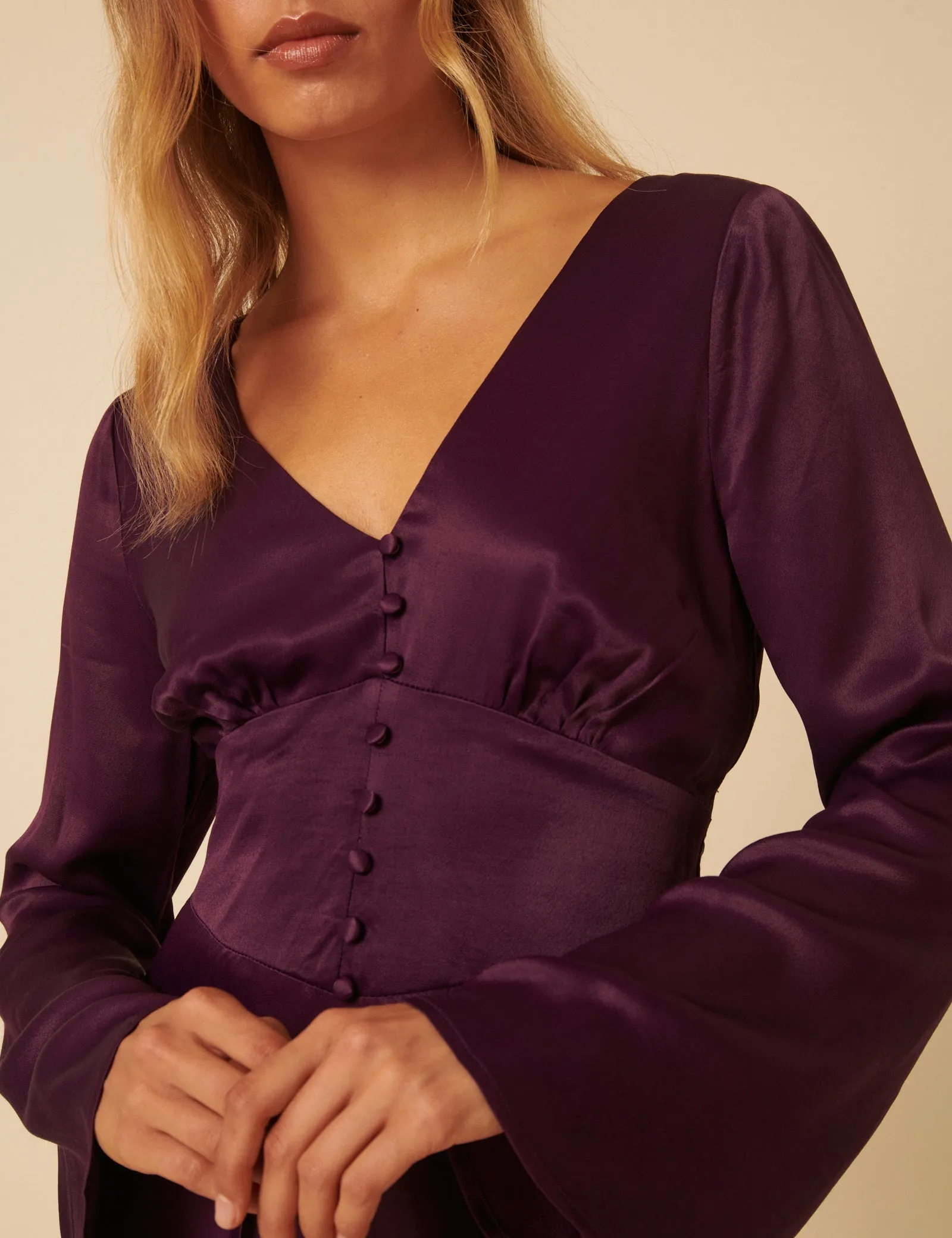 Purple Satin Long Sleeve Stella Mini Dress sold by Nobody's Child product image thumbnail 2