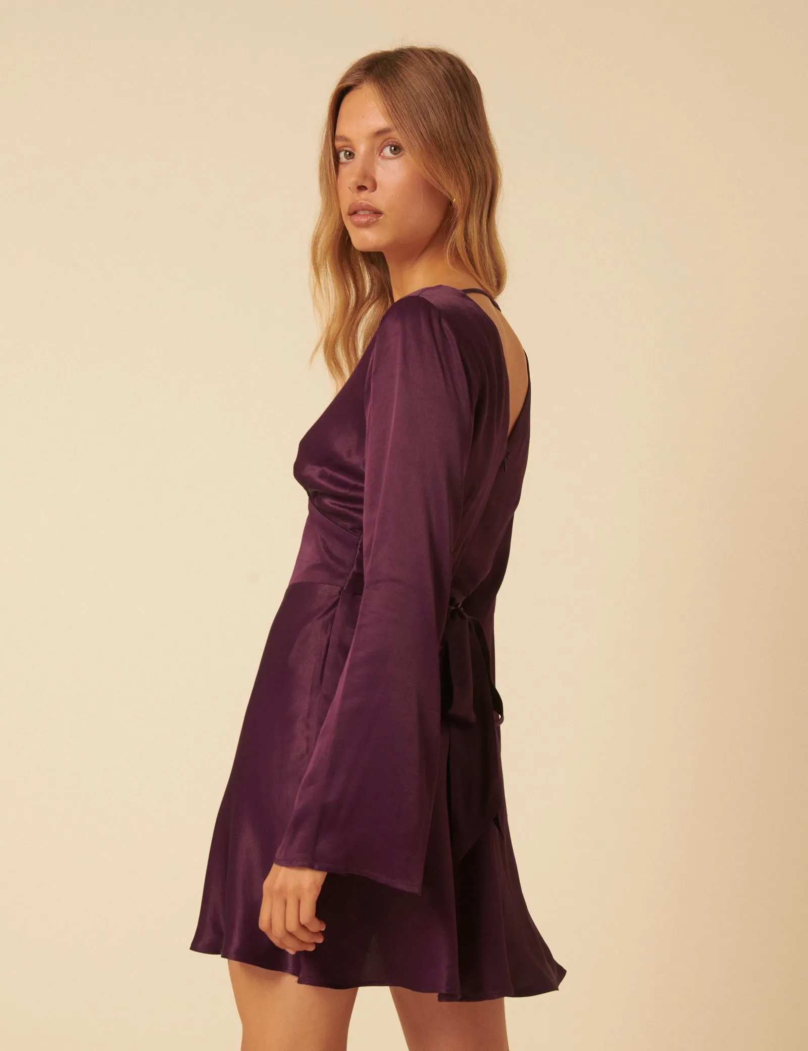 Purple Satin Long Sleeve Stella Mini Dress sold by Nobody's Child product image thumbnail 5