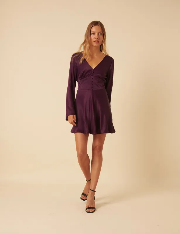 Purple Satin Long Sleeve Stella Mini Dress sold by Nobody's Child