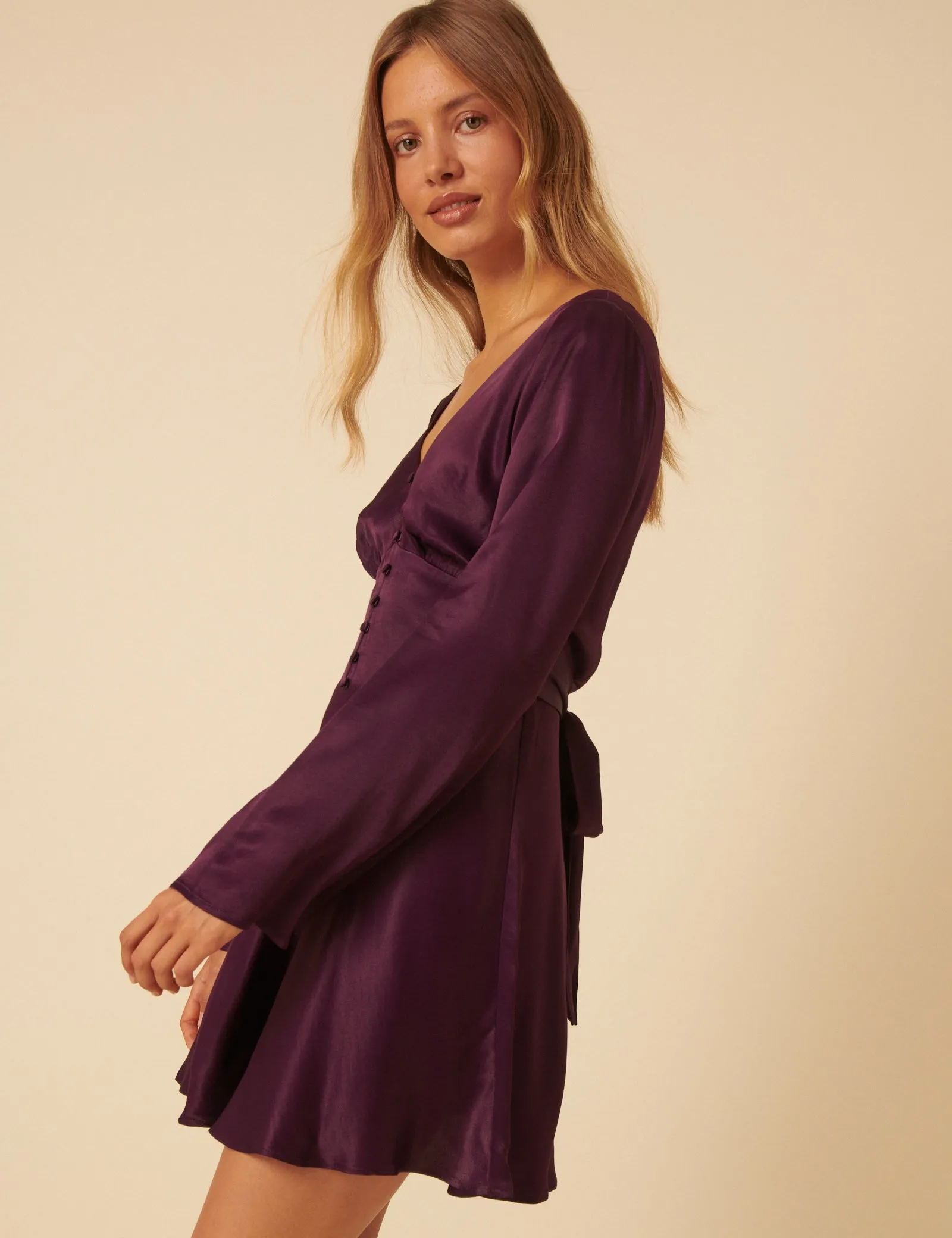 Purple Satin Long Sleeve Stella Mini Dress sold by Nobody's Child product image thumbnail 3