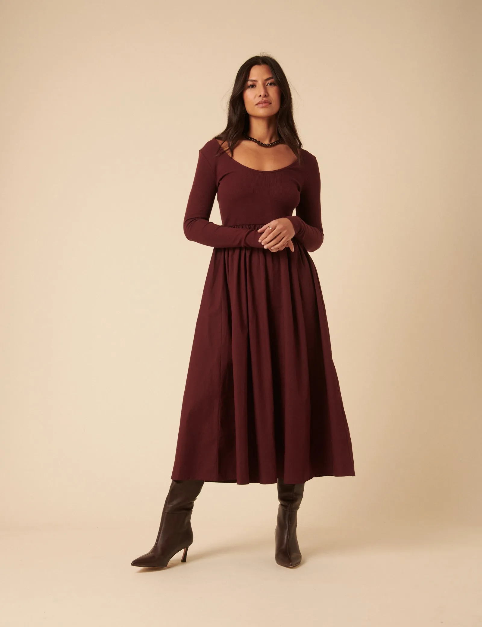 Burgundy Scoop Neck A-Line Midi Dress sold by Nobody's Child product image thumbnail 4