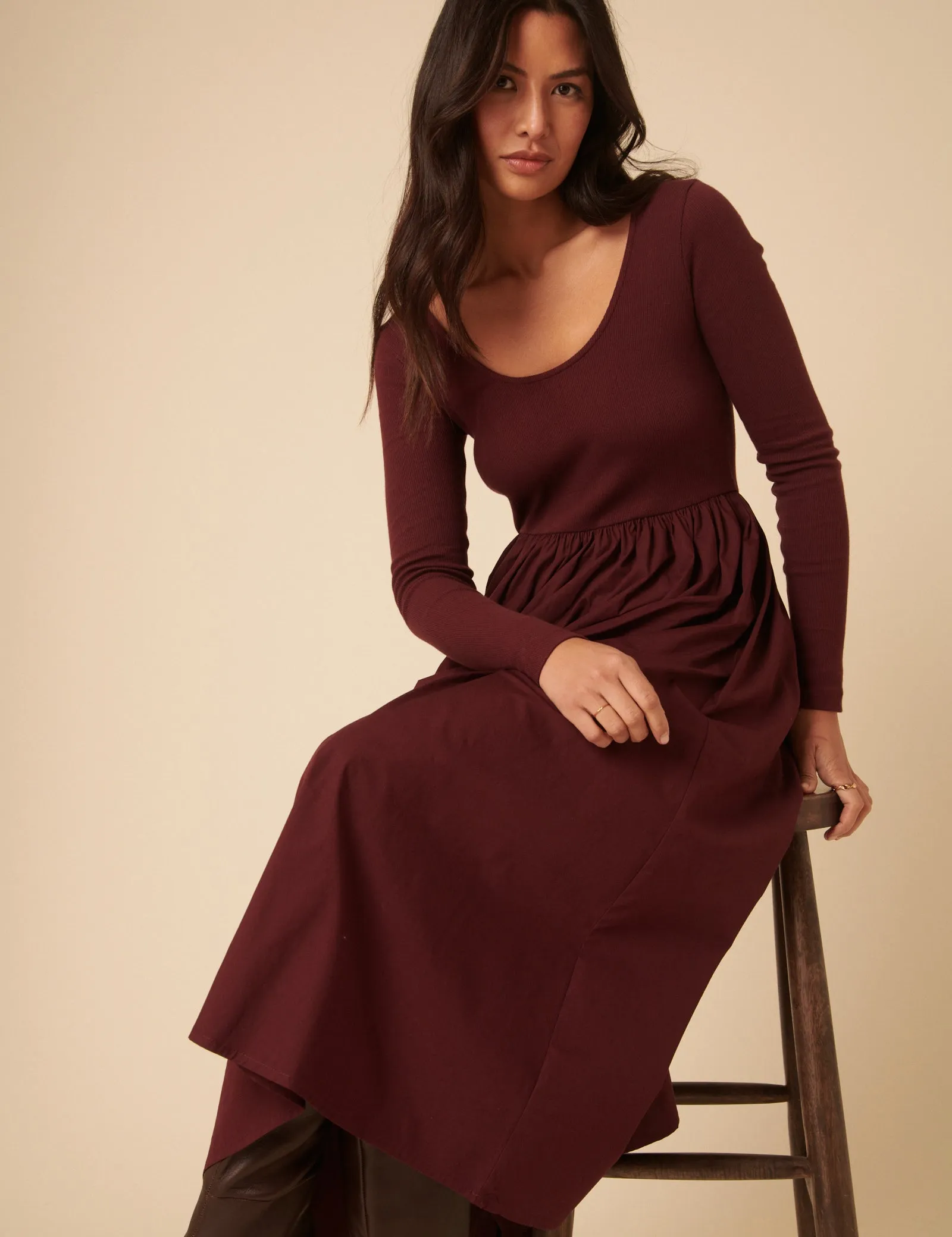 Burgundy Scoop Neck A-Line Midi Dress sold by Nobody's Child product image thumbnail 3