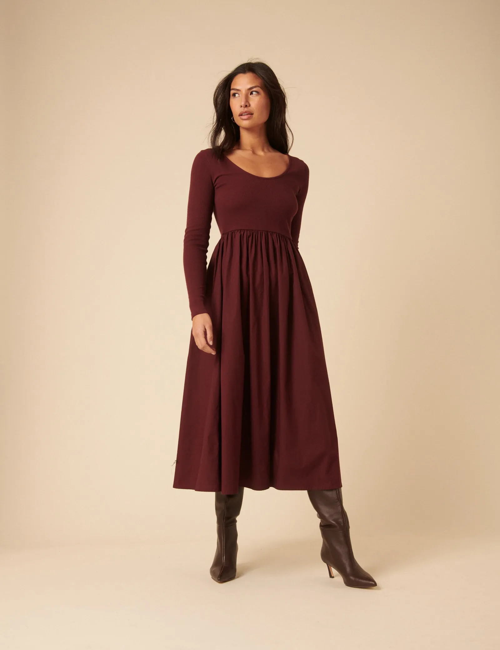Burgundy Scoop Neck A-Line Midi Dress sold by Nobody's Child