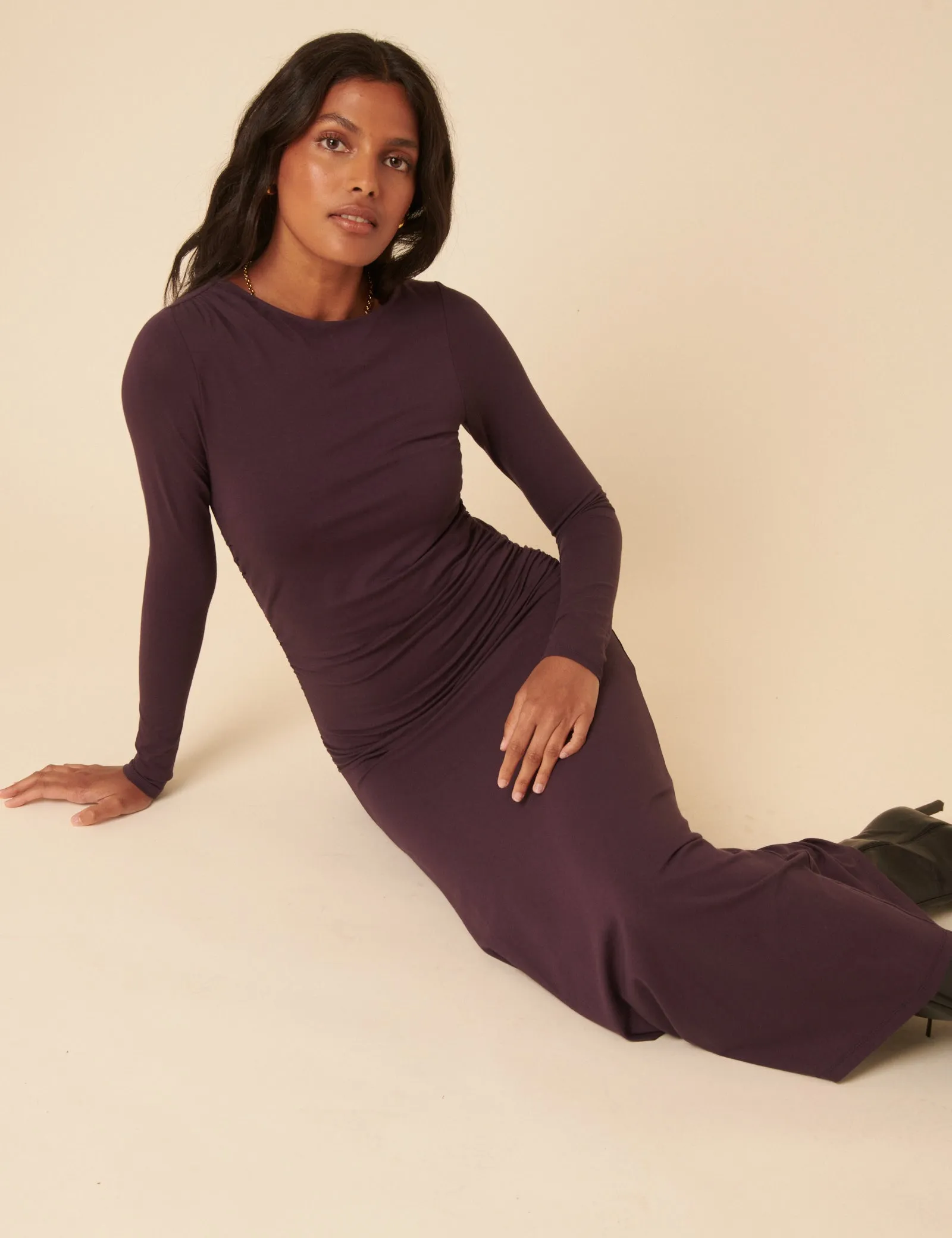 Purple Jersey Draped Laurella Midi Dress sold by Nobody's Child