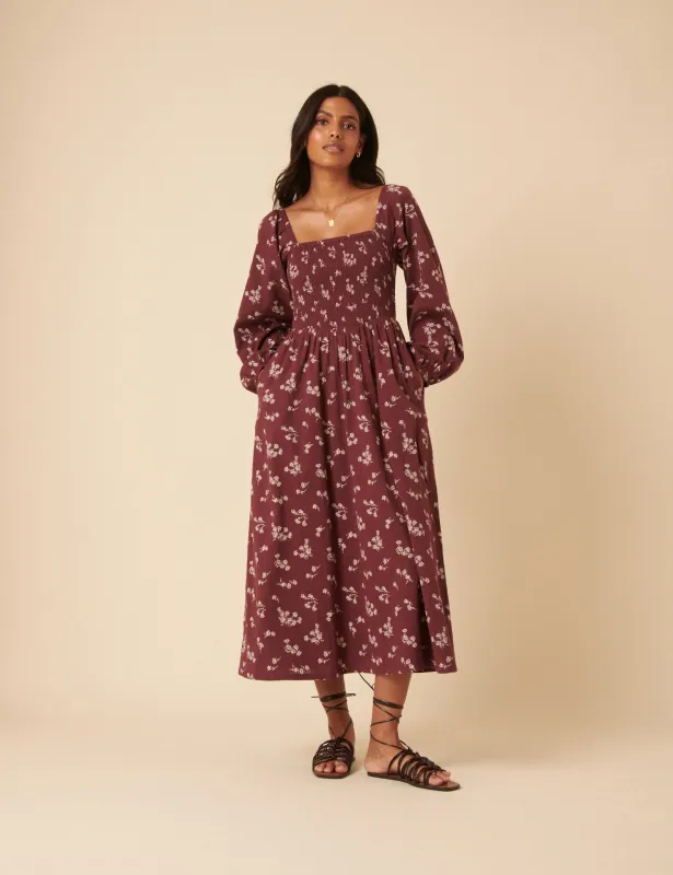 Burgundy Floral Printed Long sleeve Imogen Midi Dress sold by Nobody's Child
