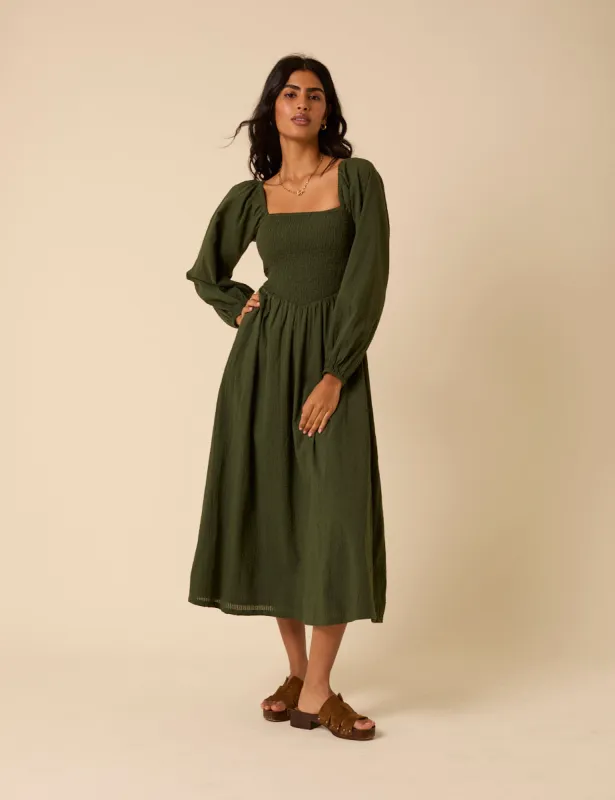 Khaki Long sleeve Imogen Midi Dress sold by Nobody's Child