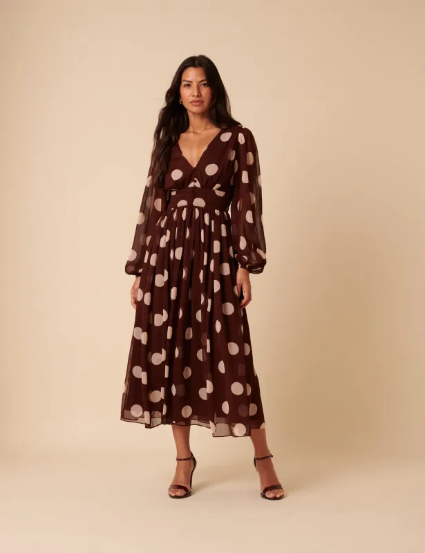 Brown Polka Dot Balloon Sleeve Anya Midi Dress sold by Nobody's Child