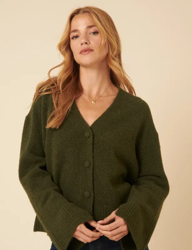 Khaki V-Neck Relaxed Fit Cardigan sold by Nobody's Child