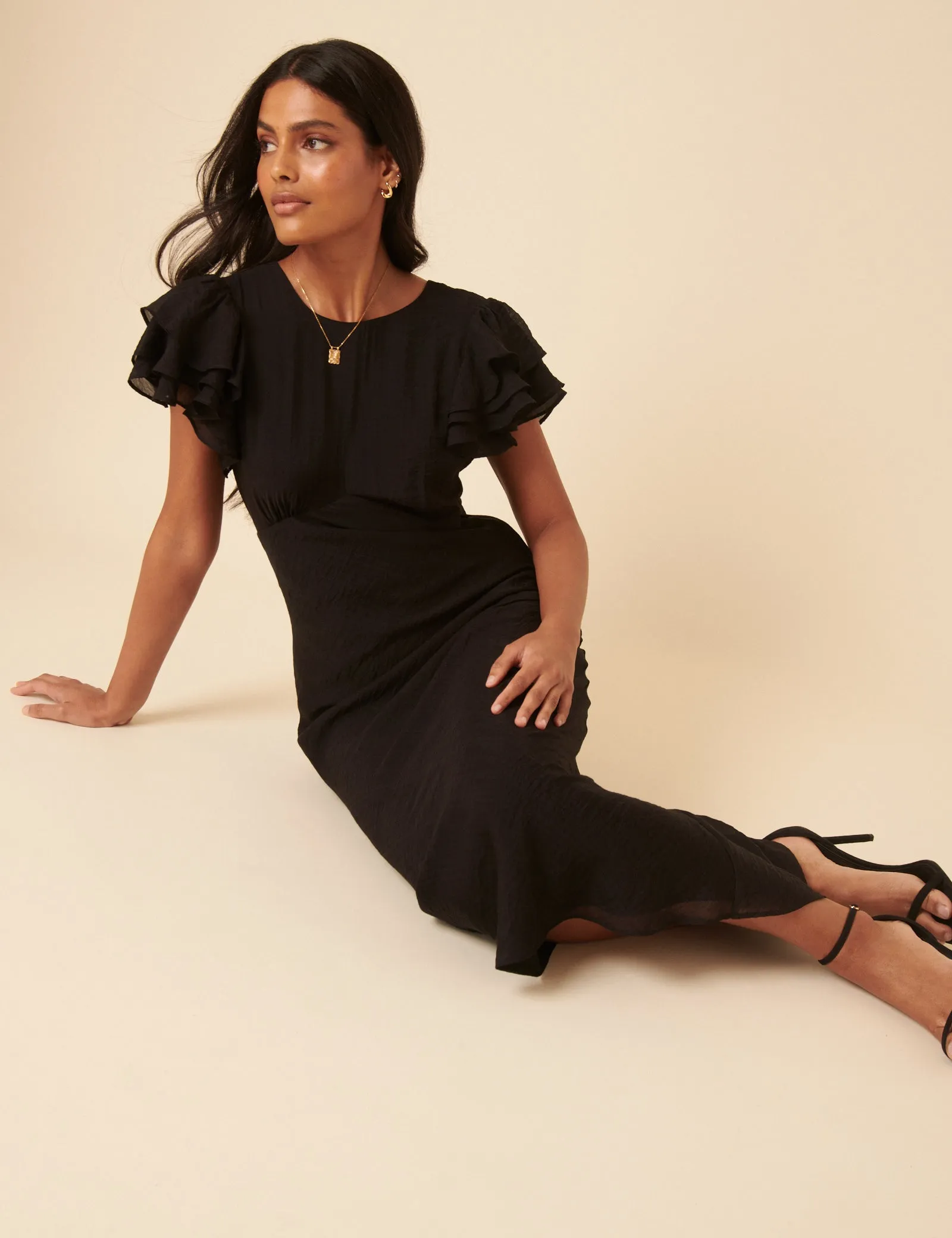 Black Frill Sleeve Lola Midi Dress sold by Nobody's Child product image thumbnail 3