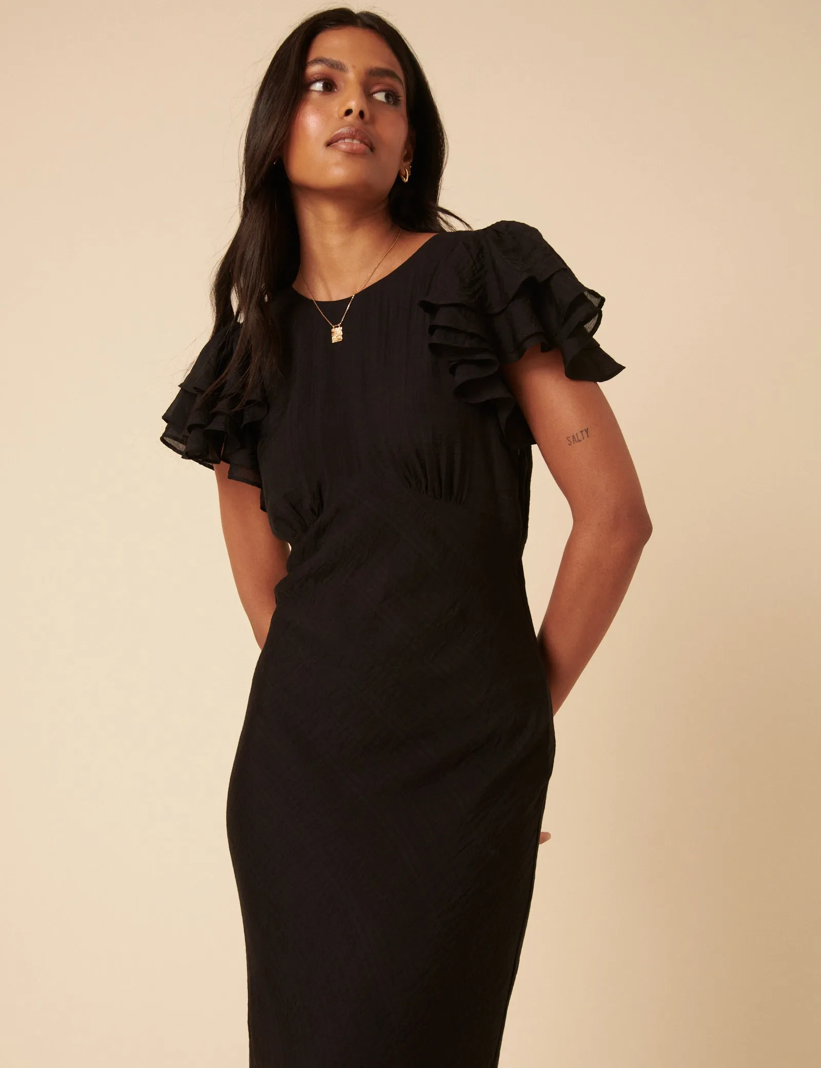 Black Frill Sleeve Lola Midi Dress sold by Nobody's Child product image thumbnail 2