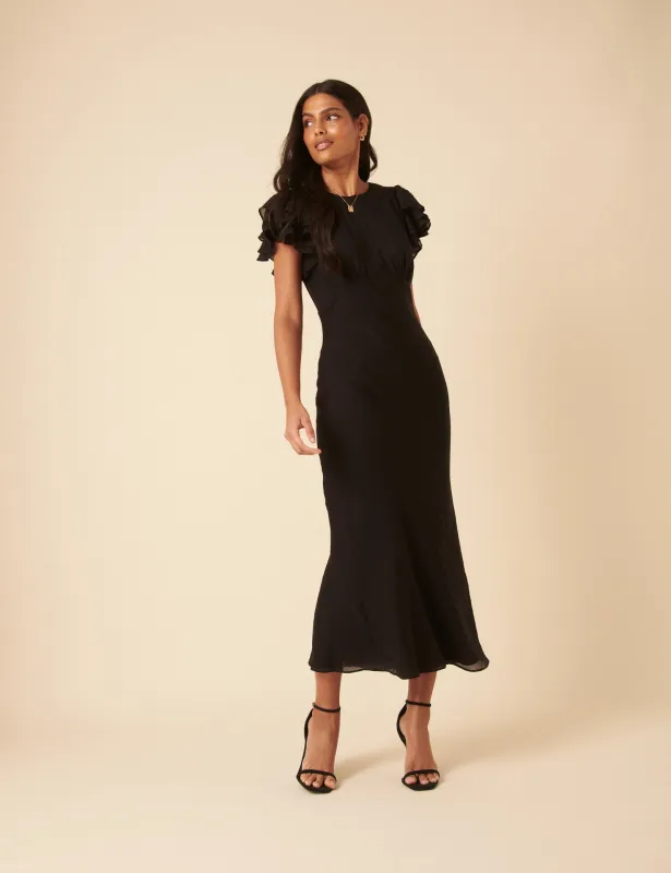 Black Frill Sleeve Lola Midi Dress sold by Nobody's Child
