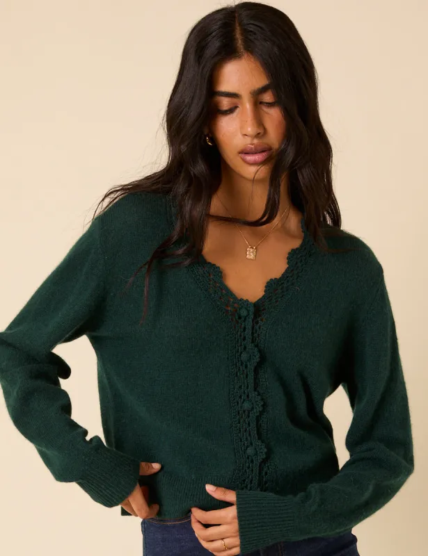 Green Crochet Trim V-Neck Knitted Cardigan sold by Nobody's Child
