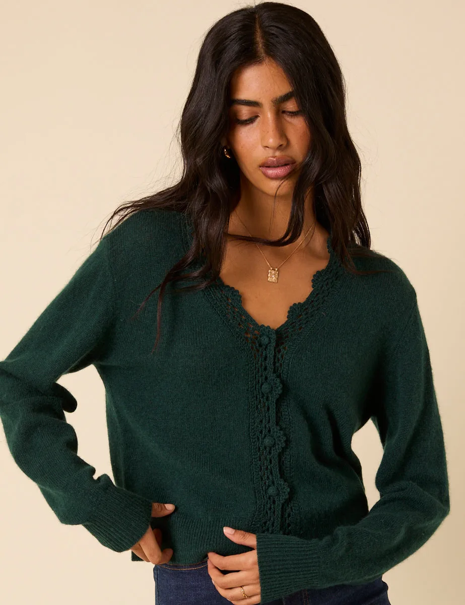 Green Crochet Trim V-Neck Cardigan sold by Nobody's Child