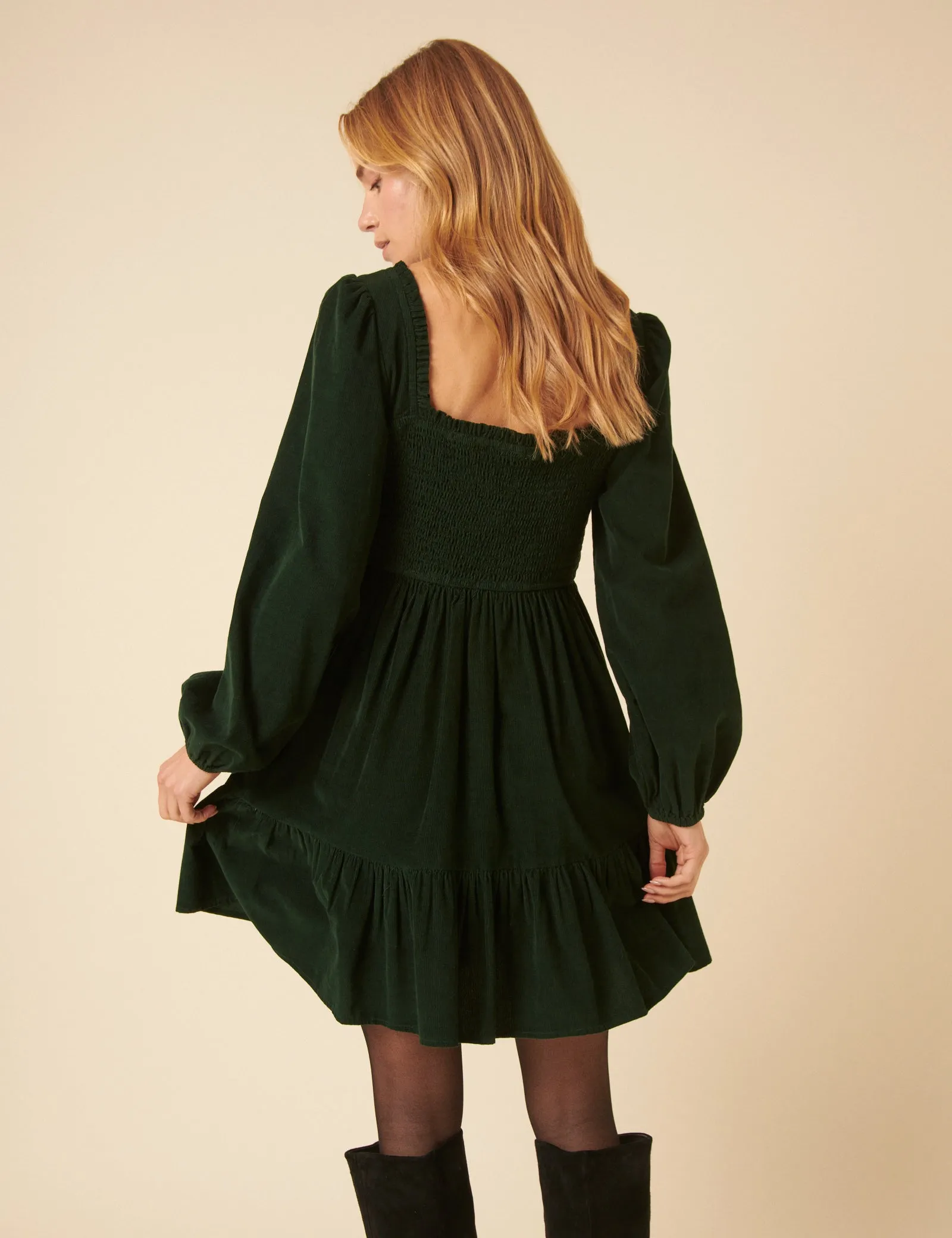 Green Balloon Sleeve Cord Tiered Elsa Mini Dress sold by Nobody's Child product image thumbnail 5