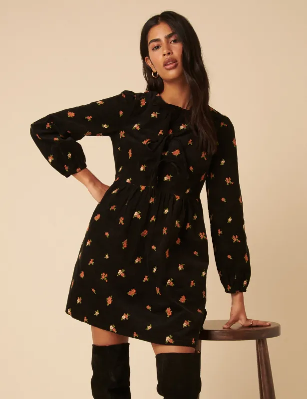 Black Floral Embroidered Tie-front Cord Eden Mini Dress sold by Nobody's Child