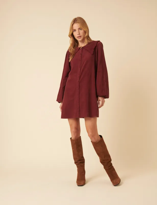 Burgundy Peter Pan Collar Cord Bridget Mini Dress sold by Nobody's Child