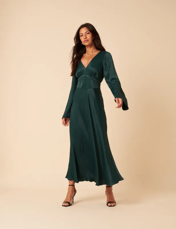 Forest Green Satin Long Sleeve Stella Midi Dress sold by Nobody's Child