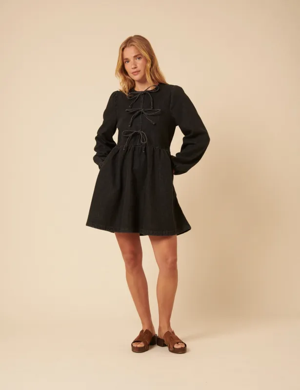 Black Denim Tie Front Eden Mini Dress sold by Nobody's Child