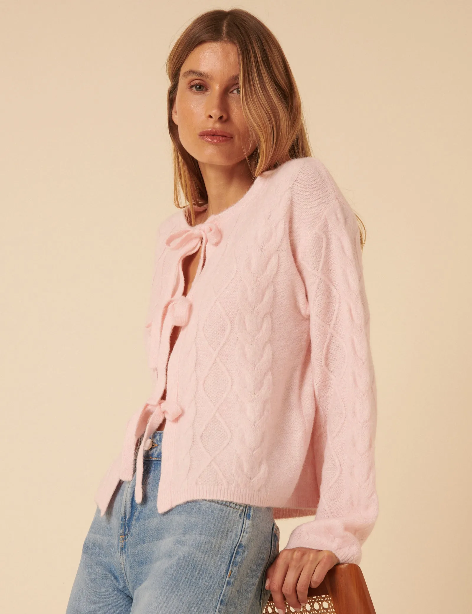 Pink Tie Front Cable Knitted Cardigan sold by Nobody's Child product image thumbnail 5