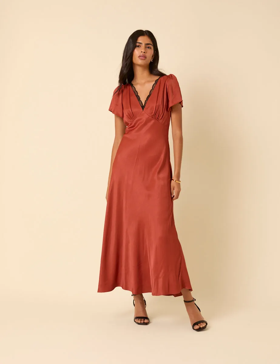 Burnt Rust Satin Lace Trim Sienna Midaxi Dress sold by Nobody's Child