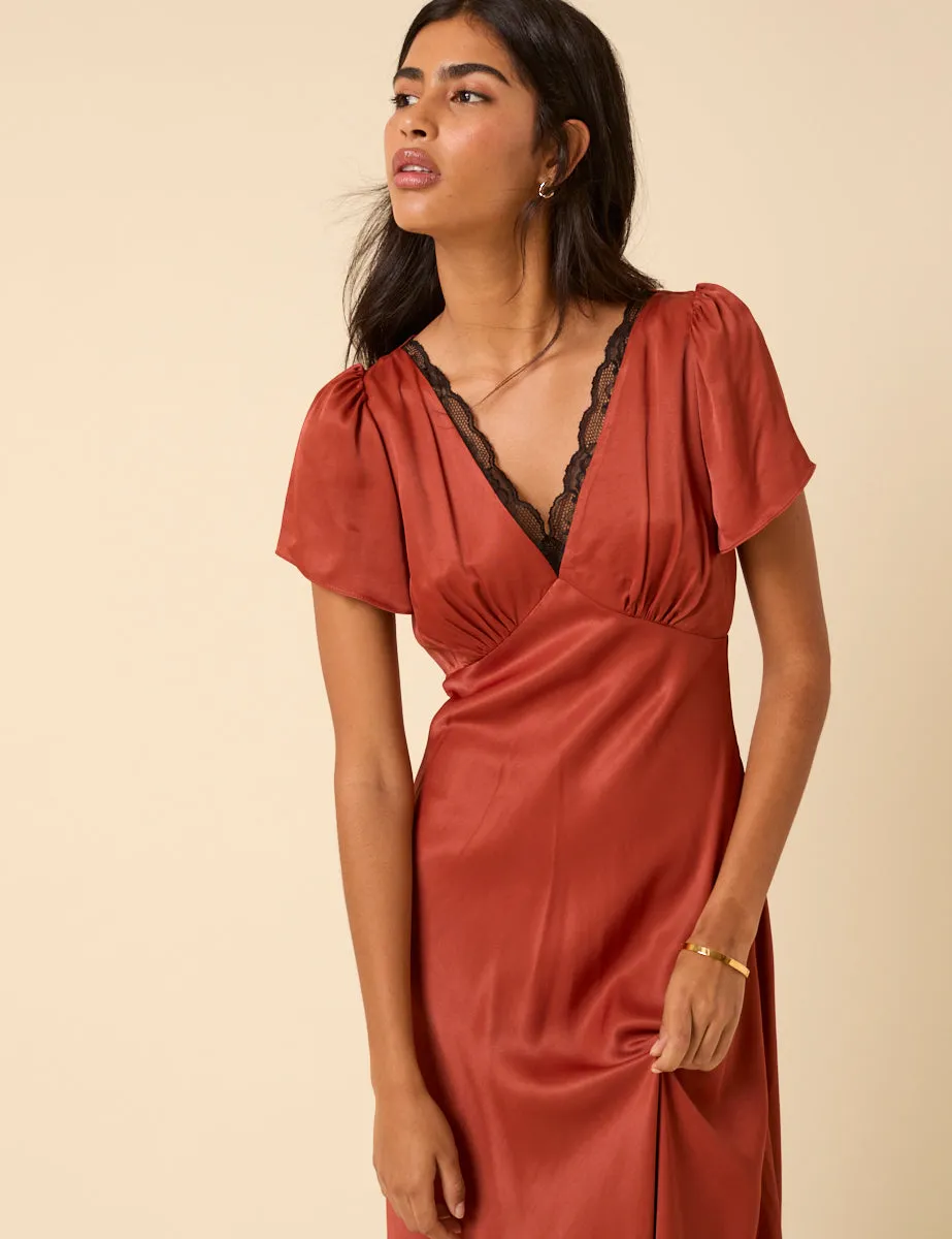 Burnt Rust Satin Lace Trim Sienna Midaxi Dress sold by Nobody's Child product image thumbnail 2