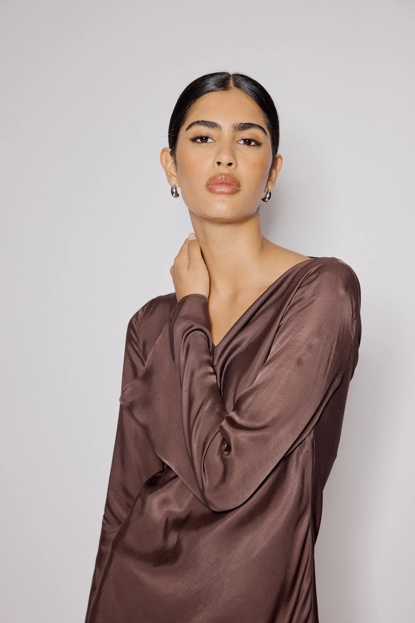 Brown Satin Cowl Neck Leighton Mini Dress sold by Nobody's Child product image thumbnail 3