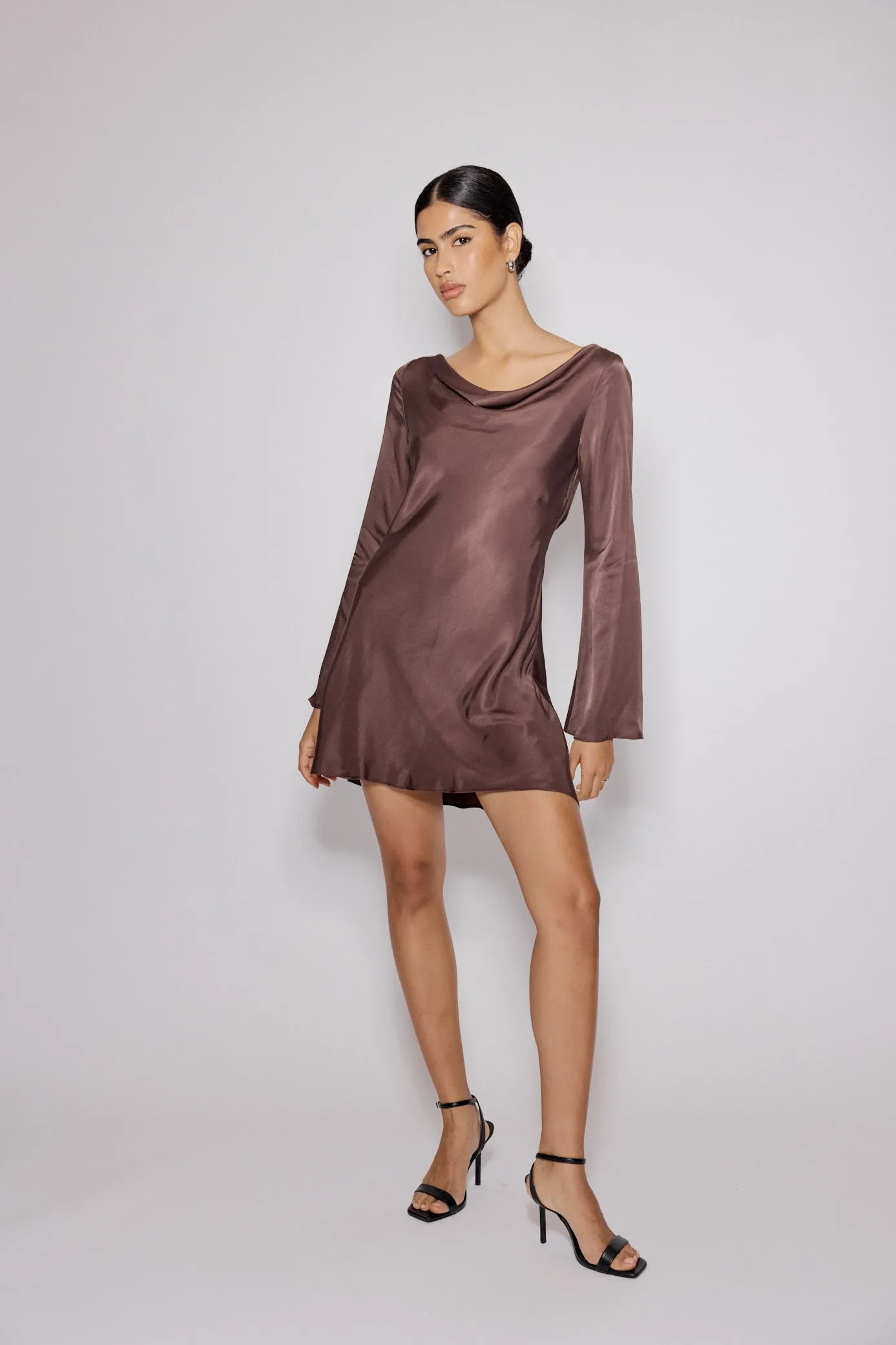 Brown Satin Cowl Neck Leighton Mini Dress sold by Nobody's Child