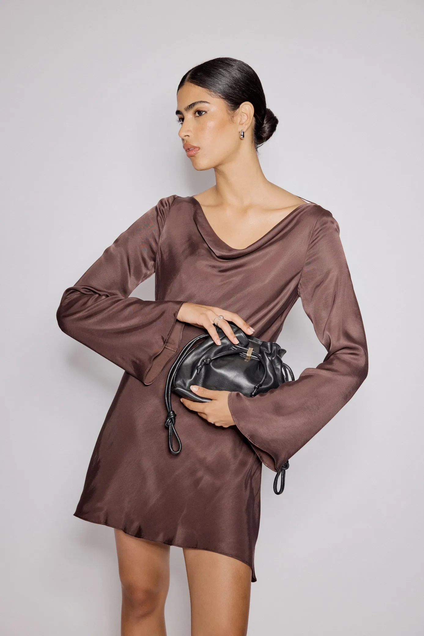 Brown Satin Cowl Neck Leighton Mini Dress sold by Nobody's Child product image thumbnail 4