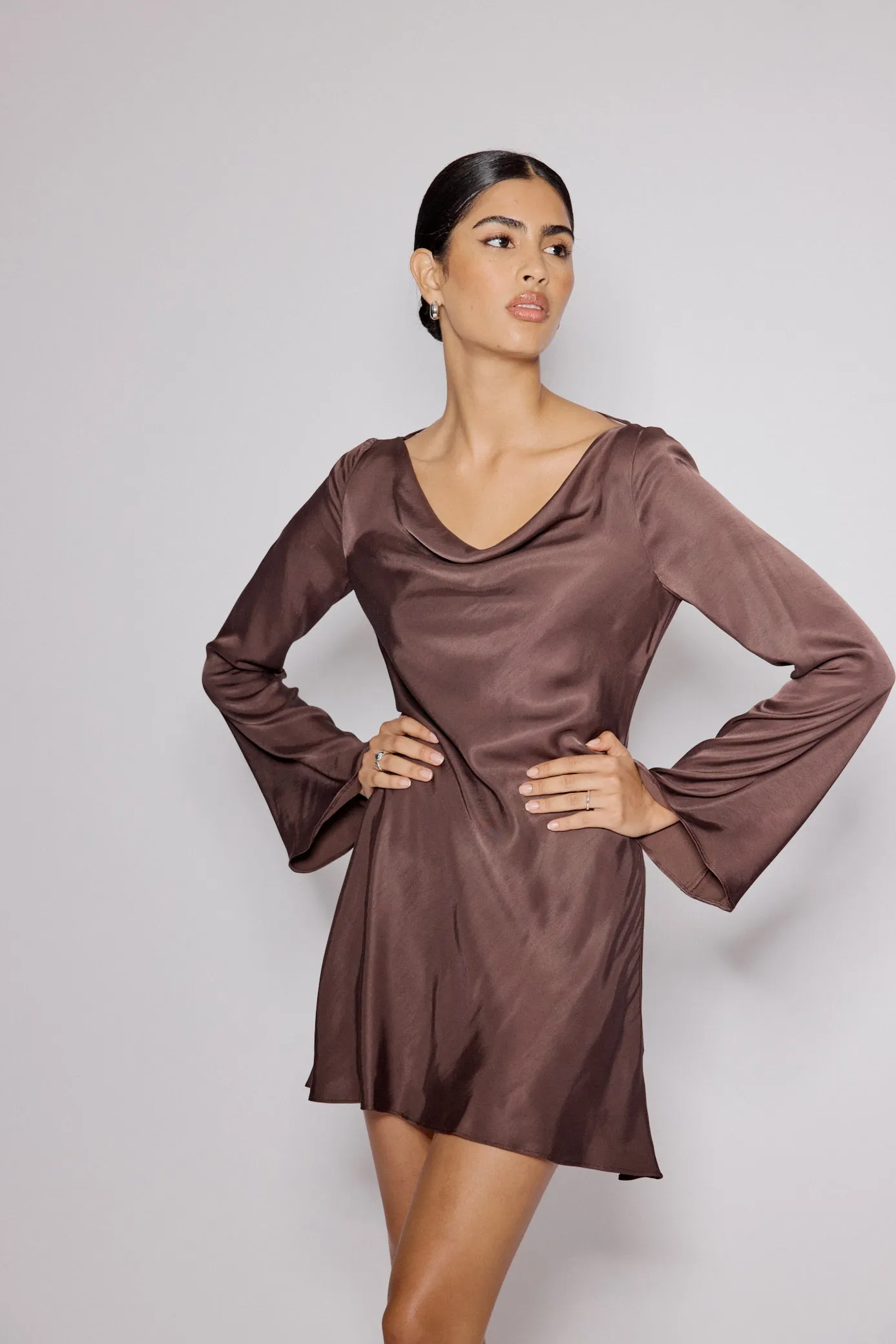 Brown Satin Cowl Neck Leighton Mini Dress sold by Nobody's Child product image thumbnail 2