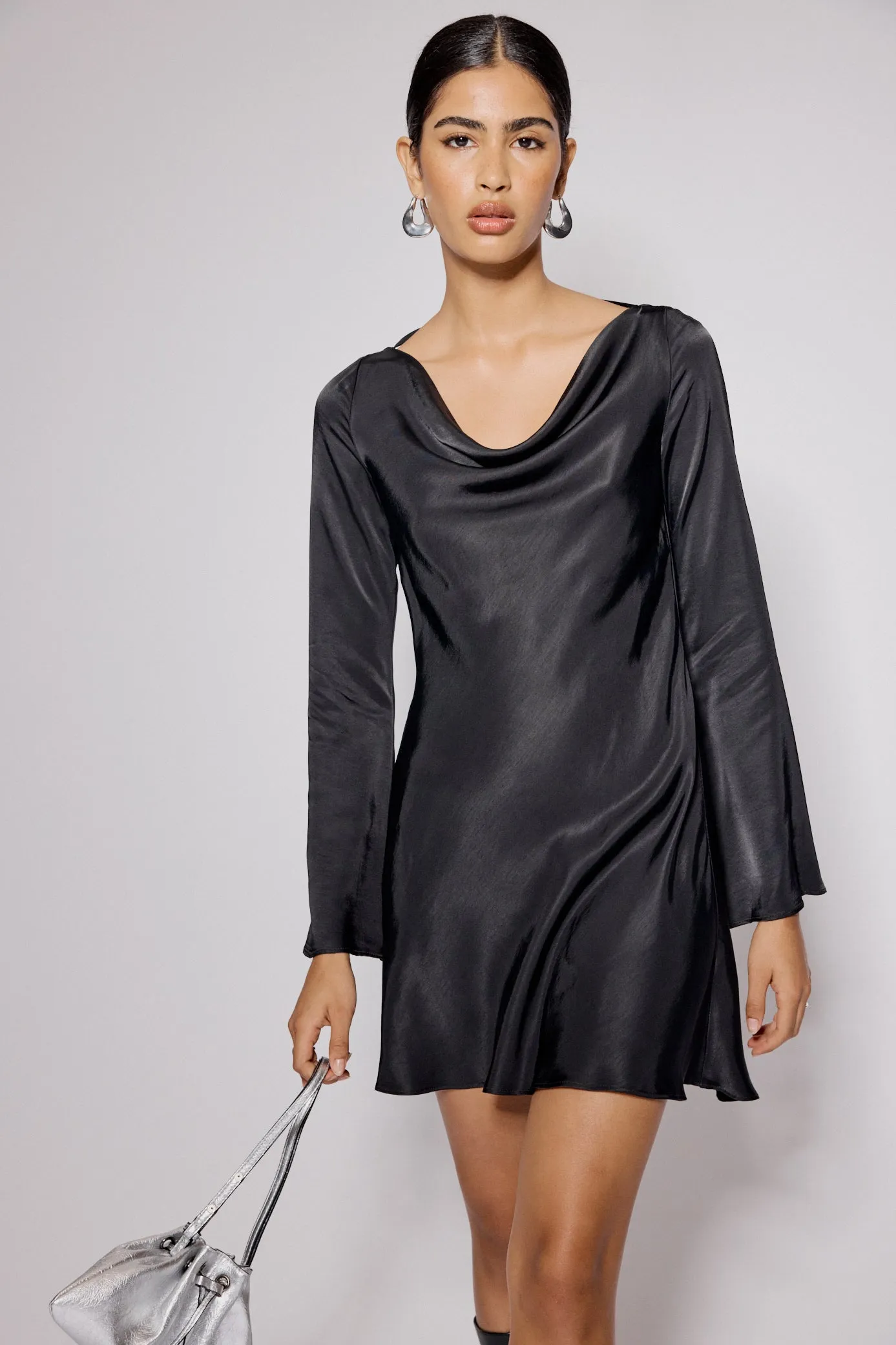 Black Satin Cowl Neck Leighton Mini Dress sold by Nobody's Child product image thumbnail 3