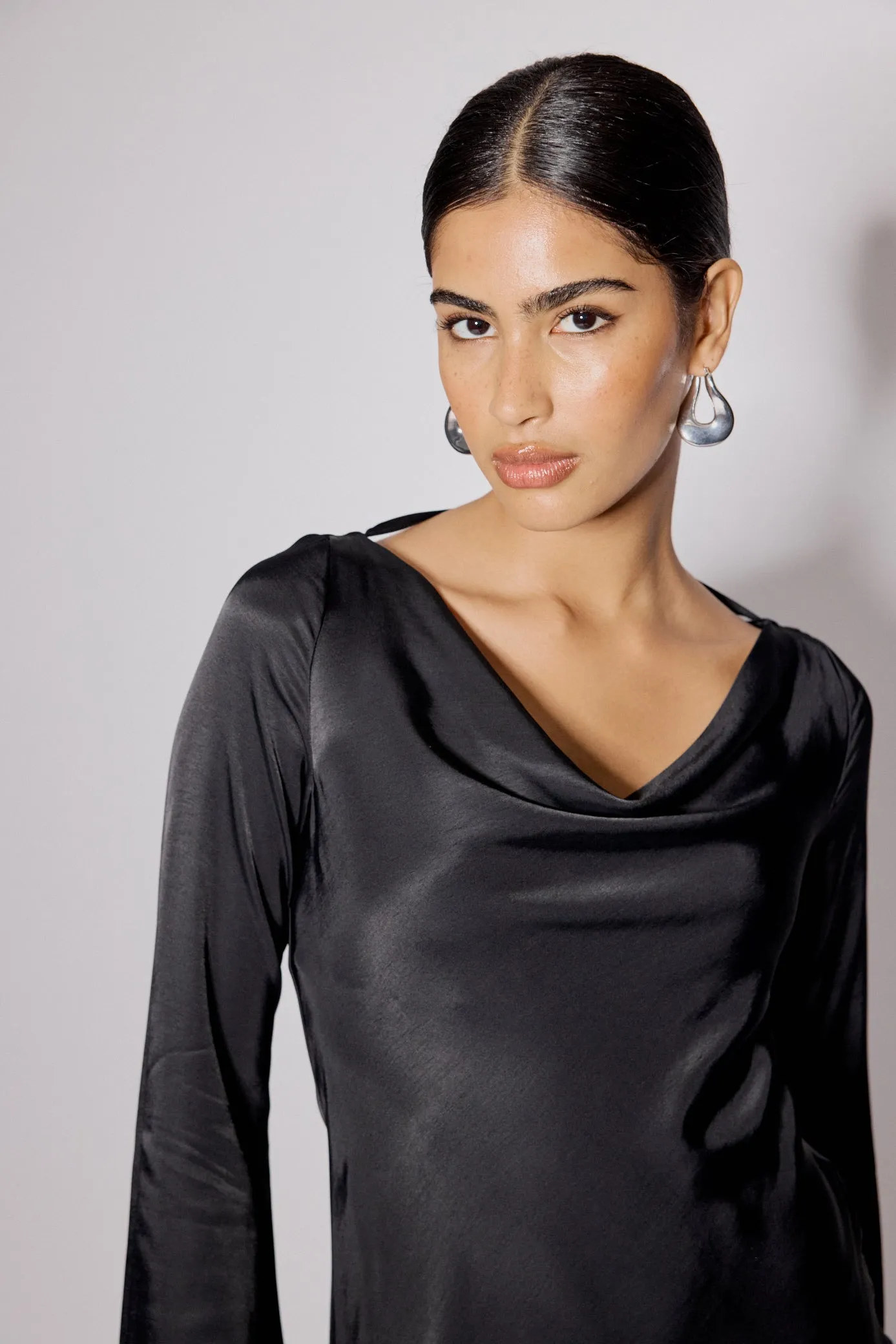 Black Satin Cowl Neck Leighton Mini Dress sold by Nobody's Child product image thumbnail 2