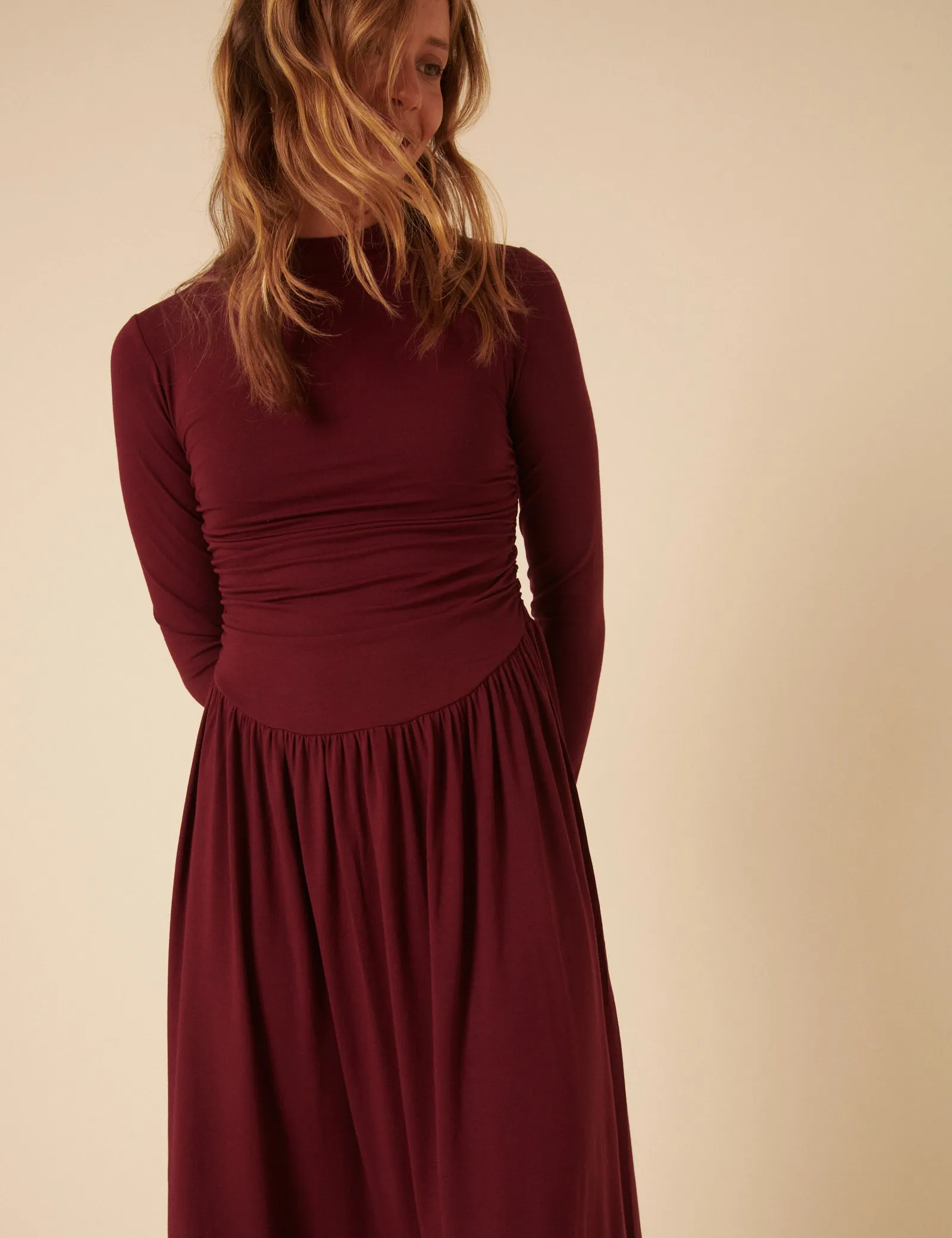 Burgundy Long Sleeve Drop Waist Aubrey Midaxi Dress sold by Nobody's Child product image thumbnail 4
