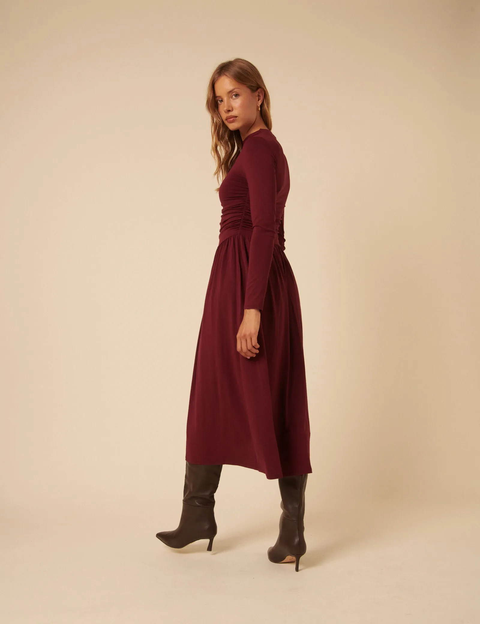 Burgundy Long Sleeve Drop Waist Aubrey Midaxi Dress sold by Nobody's Child product image thumbnail 5