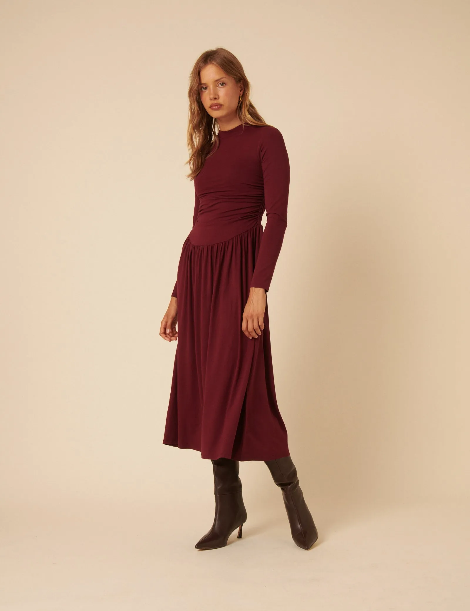 Burgundy Long Sleeve Drop Waist Aubrey Midaxi Dress sold by Nobody's Child