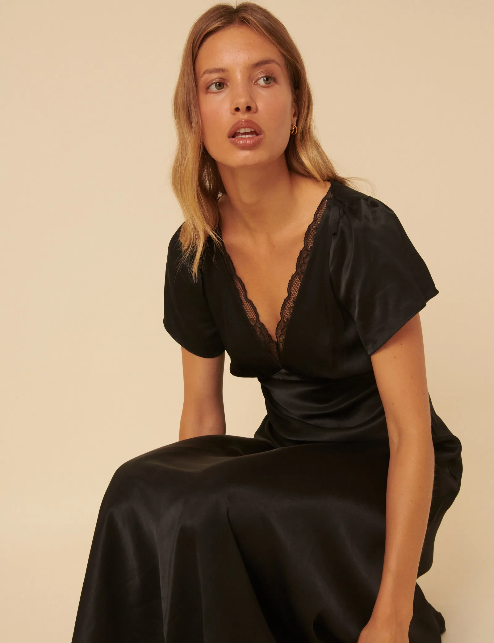 Black Satin Lace Detail Sienna Midi Dress sold by Nobody's Child product image thumbnail 3