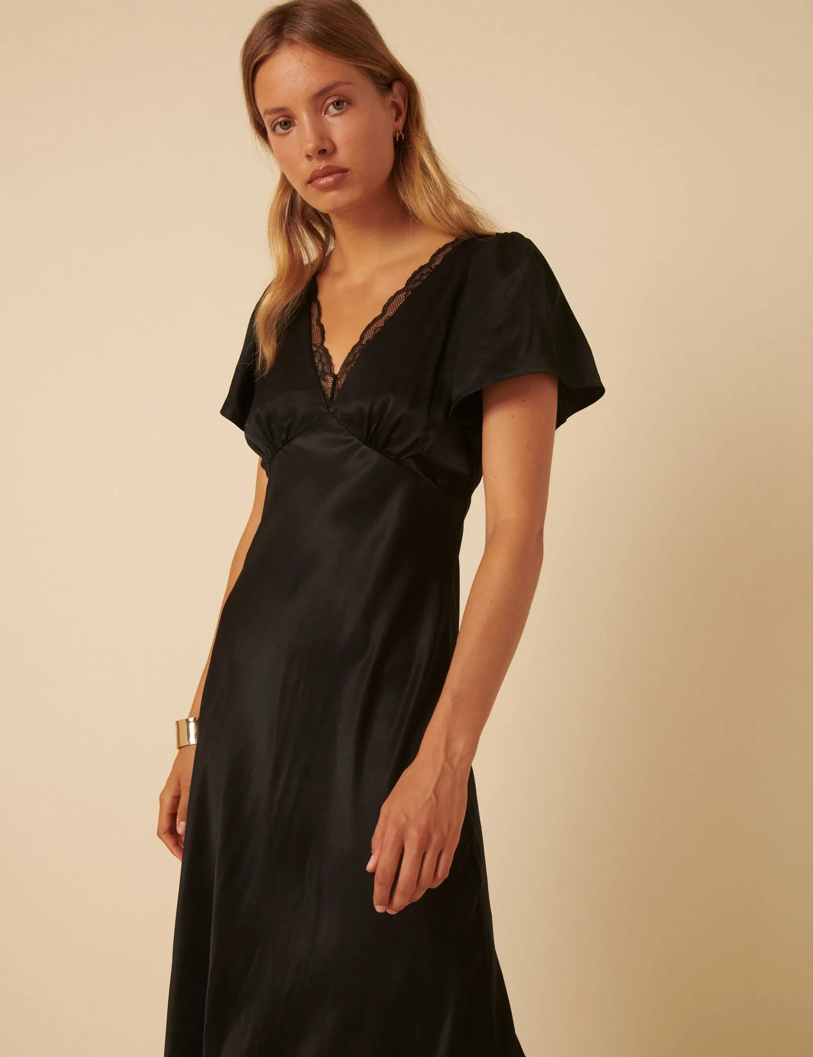 Black Satin Lace Detail Sienna Midi Dress sold by Nobody's Child product image thumbnail 4
