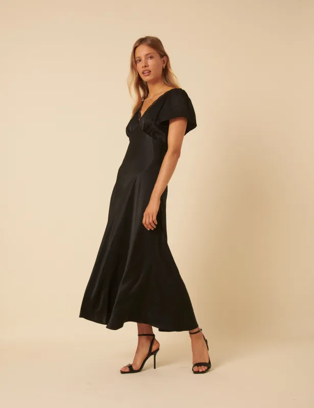 Black Satin Lace Detail Sienna Midi Dress sold by Nobody's Child