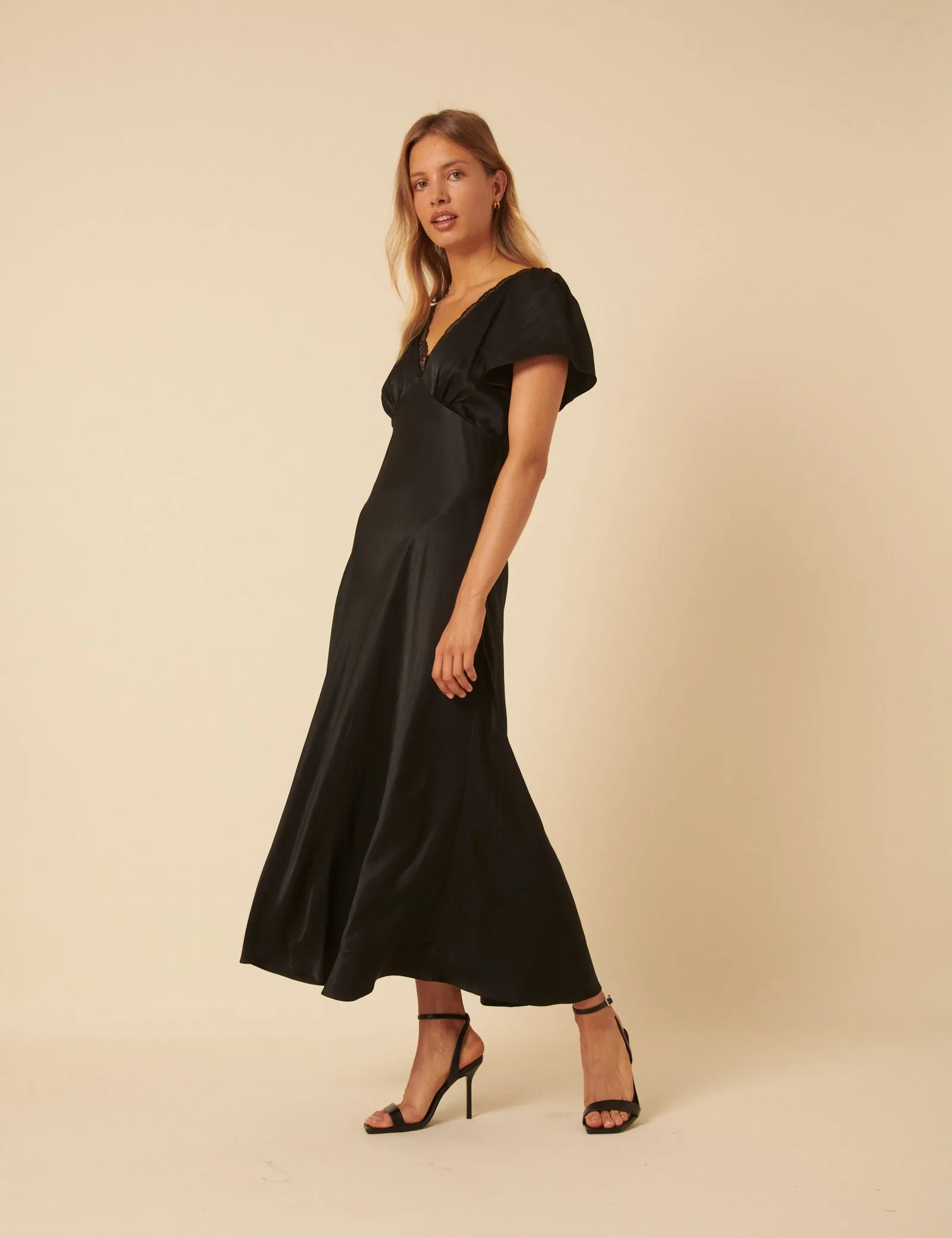 Black Satin Lace Detail Sienna Midi Dress sold by Nobody's Child