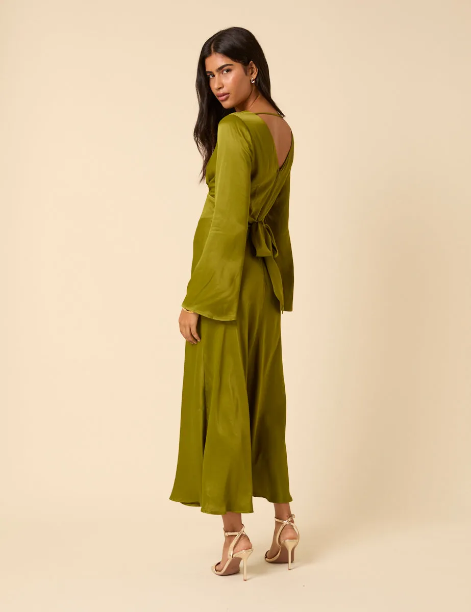 Olive Green Satin Long Sleeve Stella Midi Dress sold by Nobody's Child product image thumbnail 5