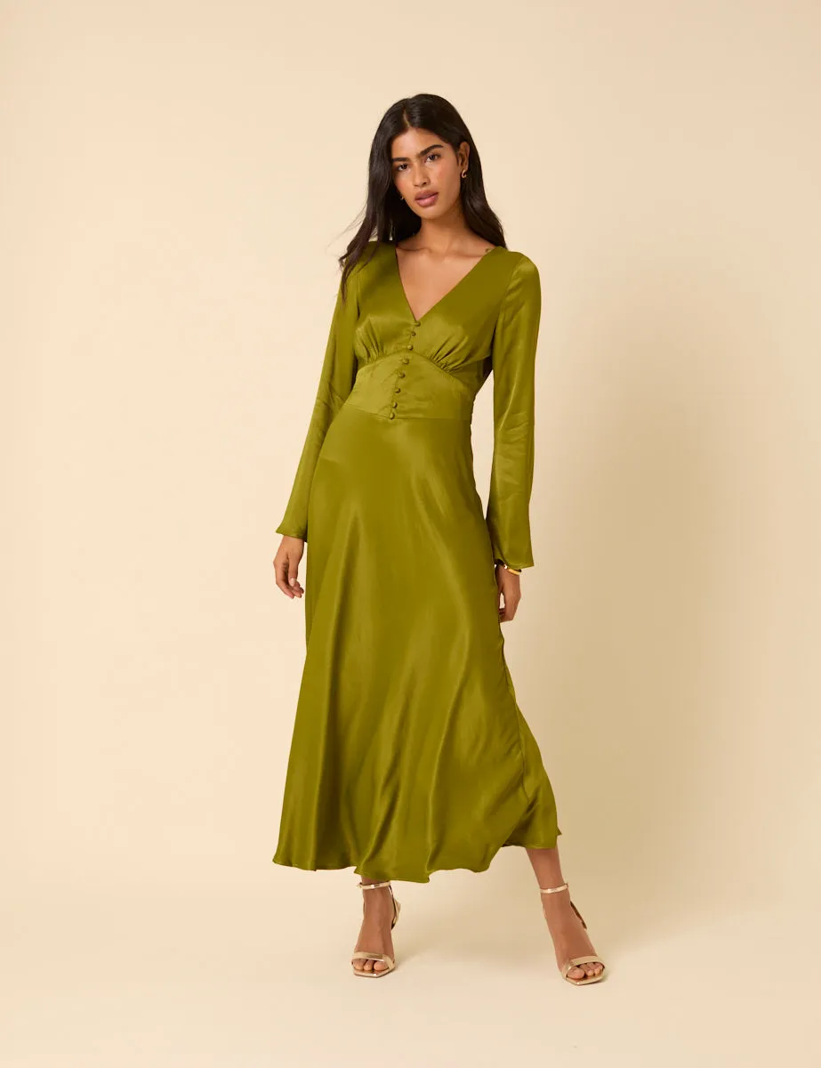 Olive Green Satin Long Sleeve Stella Midi Dress sold by Nobody's Child